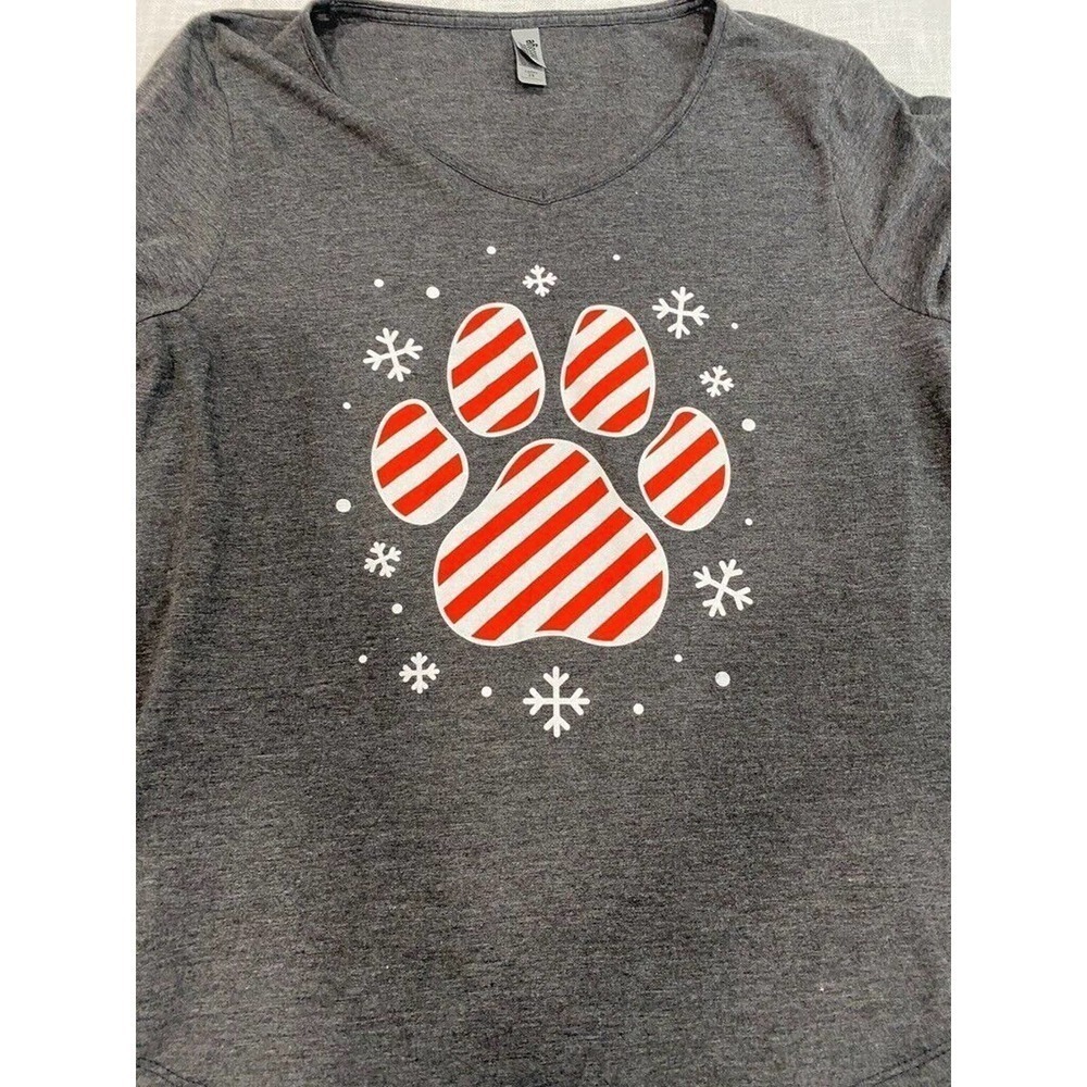 Instant Message-Christmas Grey T-shirt with Dog Candy Cane Paws, women's size 2X - Picture 3 of 5
